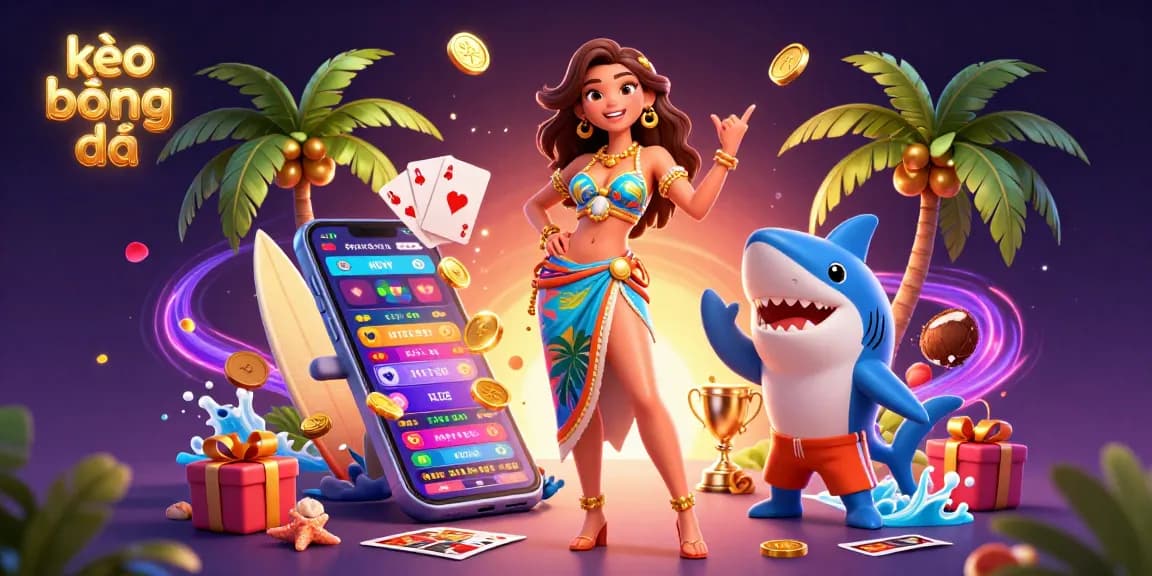 Place bets using kèo bóng đá with vibrant sports betting theme featuring a glamorous beach scene.