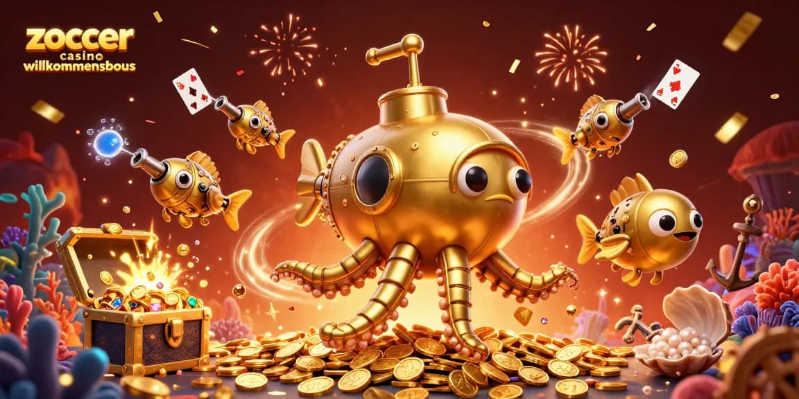 Erlebe den Zoccer Casino Willkommensbonus in einer aufregenden 3D-Illustration mit Shifts und Goldschätzen.