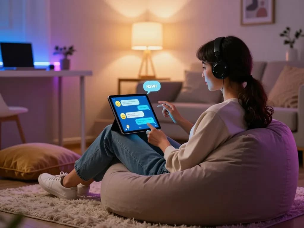 Comfortable home setting with user engaging in playful NSFW chat bot interactions on a tablet.
