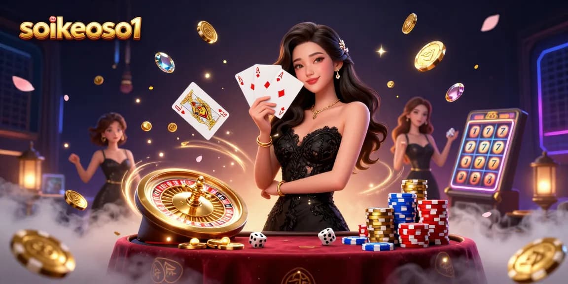 Experience thrilling gameplay with soikeoso1 in a vibrant casino scene featuring an elegant woman with playing cards.