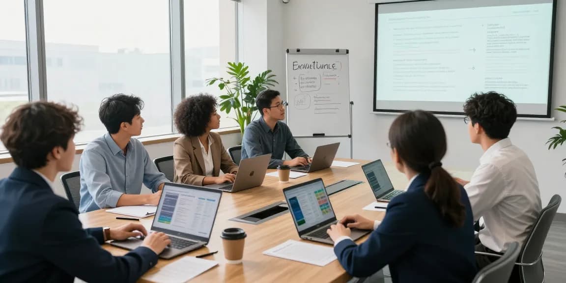 In der Büroszene zur Arbeitskultur bewerten diskutieren Fachleute über Führung und Unternehmensfeedback.