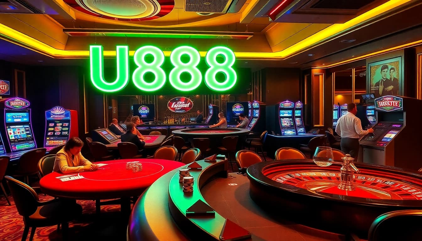 Players strategize at U888 U88 poker tables while enjoying vibrant casino ambiance.