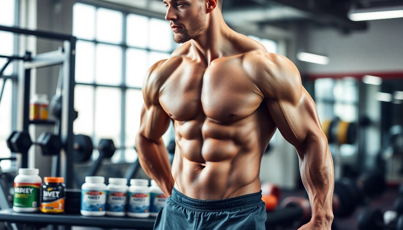 Bild eines Bodybuilders mit Unique Pharma Steroids Produkten im Fitnessstudio.