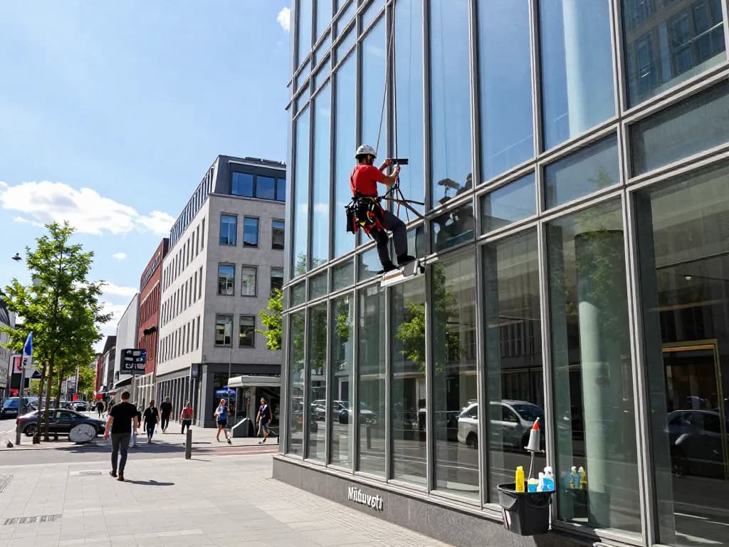 Professioneller Fensterreiniger demonstriert Glasreinigung im Raum Münster mit klaren Glasgebäuden im Hintergrund.