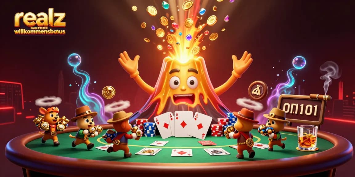 Erleben Sie den realz casino Willkommensbonus mit einem triumphierenden Vulkan, der Gold und Reichtum verströmt.