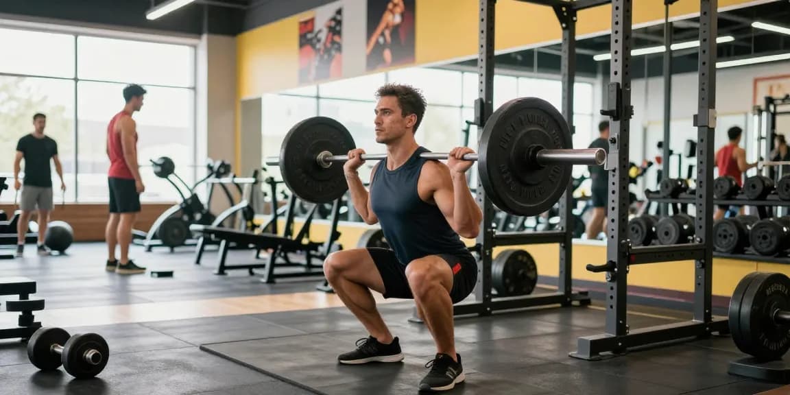 Anabolika Shop - Bodybuilder beim Squat im Fitnessstudio, umgeben von Gewichten und motivierender Atmosphäre.
