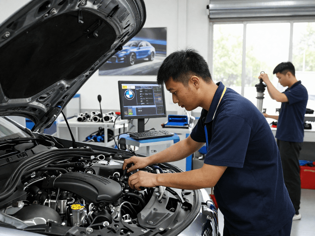 Chiptuning Hannover: Fachtechniker optimiert BMW-Motor im professionellen Werkstattumfeld.