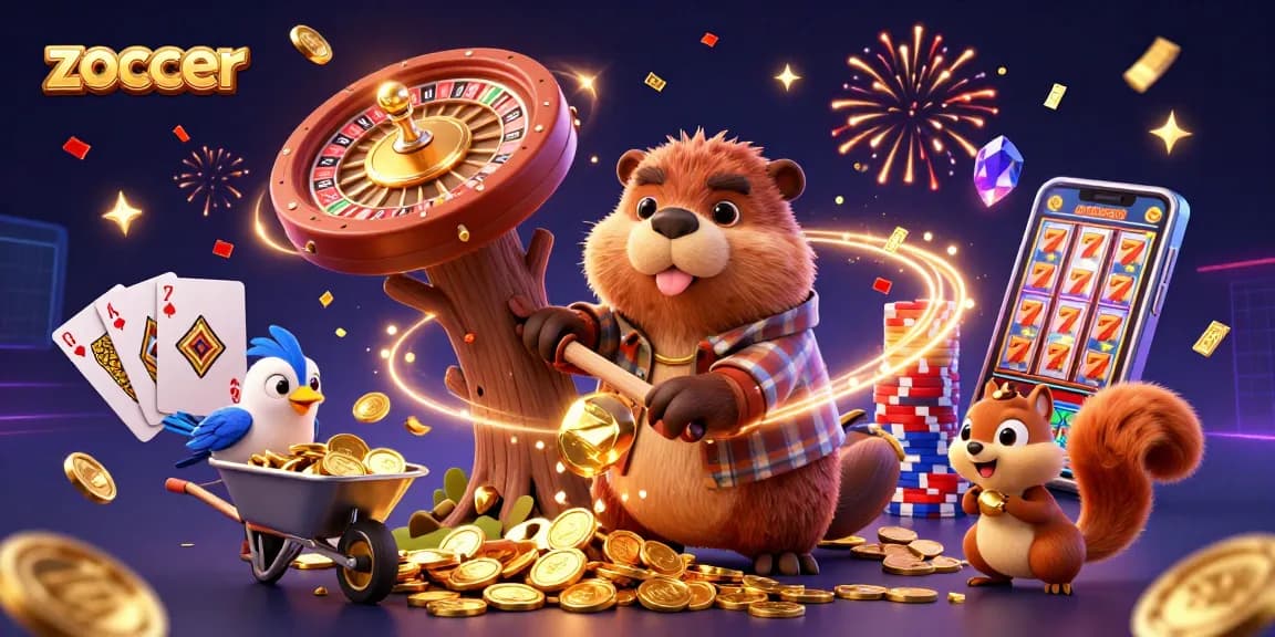 Zoccer features a cartoon lumberjack beaver celebrating a jackpot of golden coins with a bird and a squirrel in a vibrant casino scene.