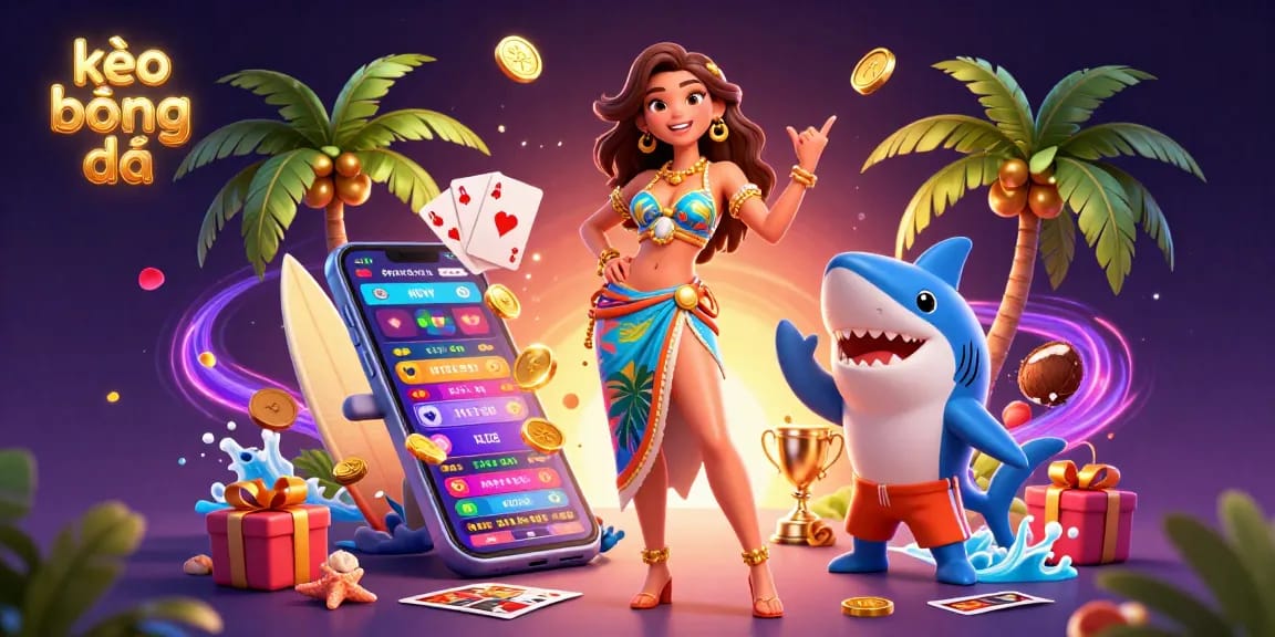 Place bets using kèo bóng đá with vibrant sports betting theme featuring a glamorous beach scene.