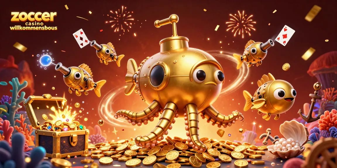Erlebe den Zoccer Casino Willkommensbonus in einer aufregenden 3D-Illustration mit Shifts und Goldschätzen.
