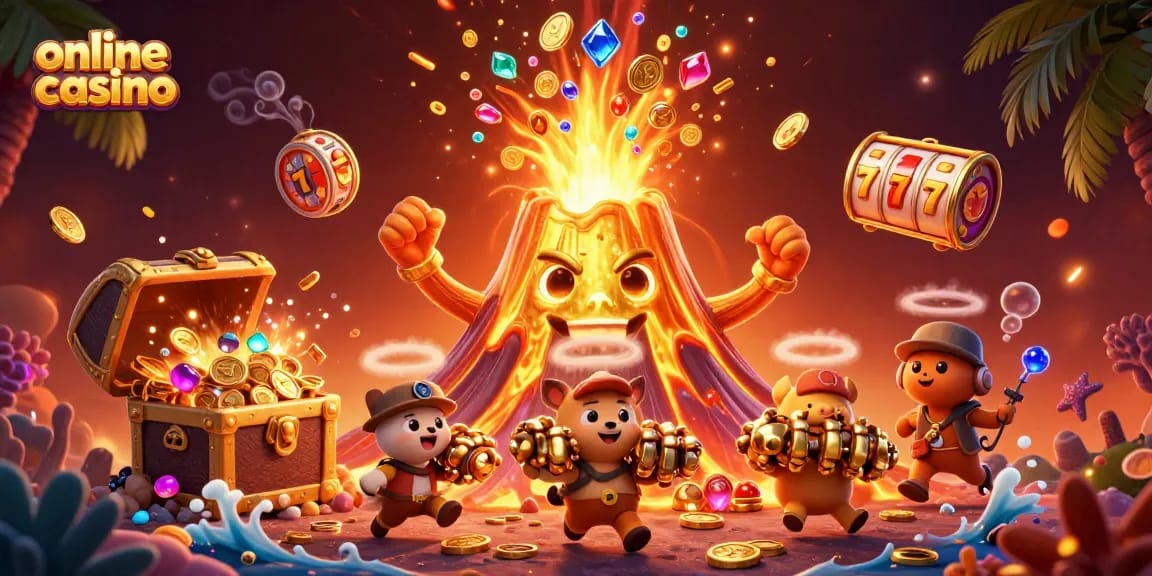 experience online casino excitement with a golden volcano erupting coins and gems