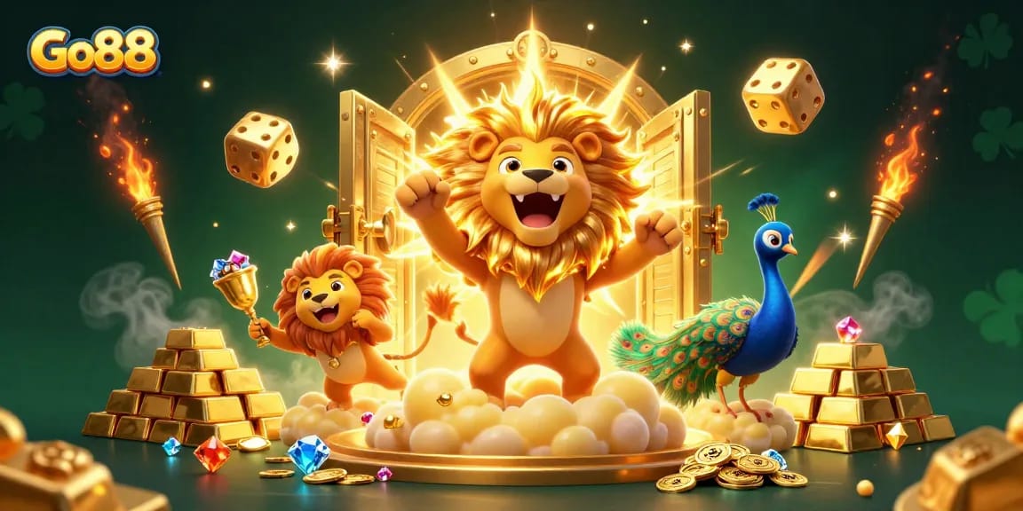 Play exciting games on Go88 with vibrant treasures and dynamic casino elements in a captivating scene.