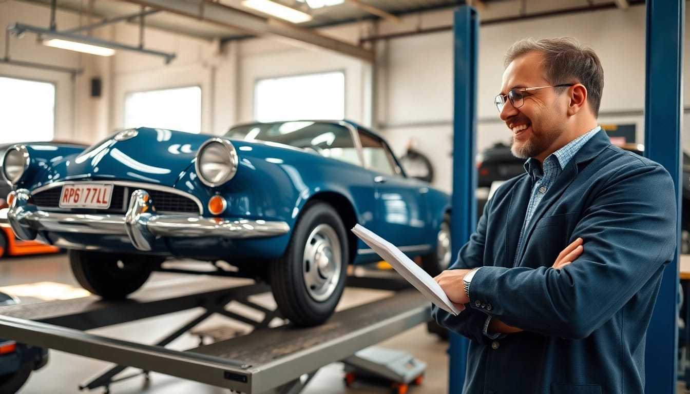 Oldtimer Gutachten: Fachmann bewertet einen klassischen Wagen in einer eleganten Werkstatt.
