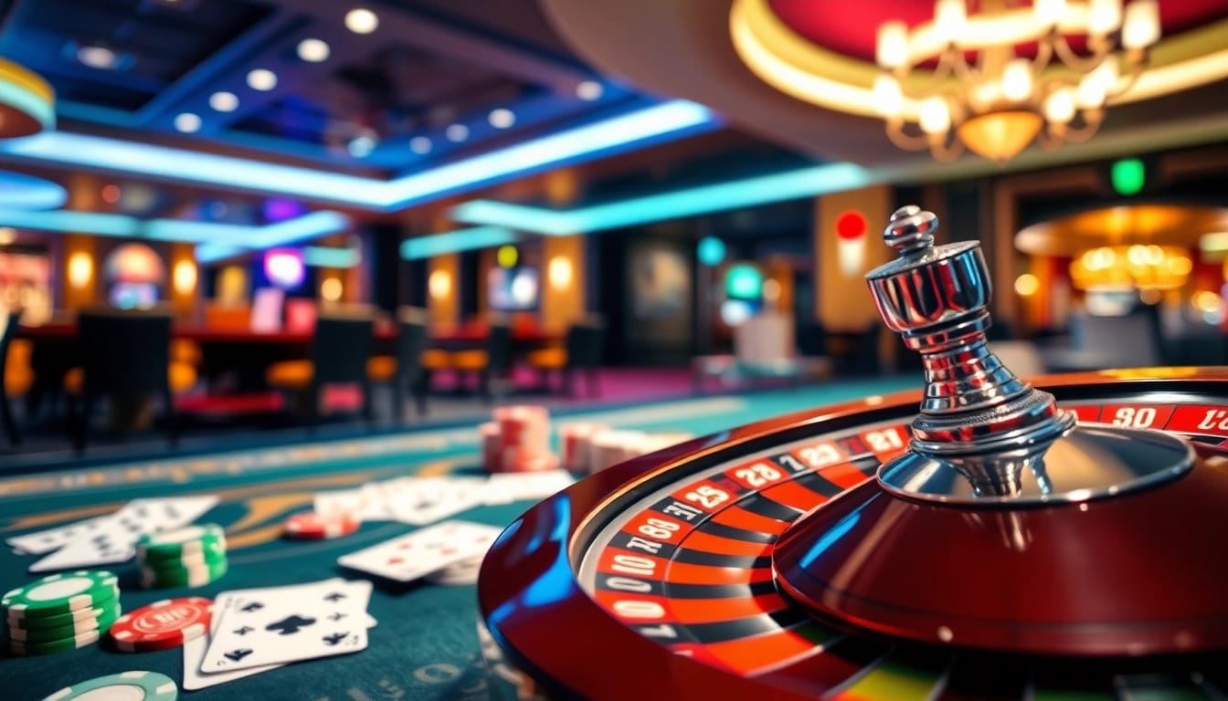 Erlebe Casinospiele mit einem funkelnden Roulette-Rad und Pokerchips, die die aufregende Atmosphäre des Spiels widerspiegeln.