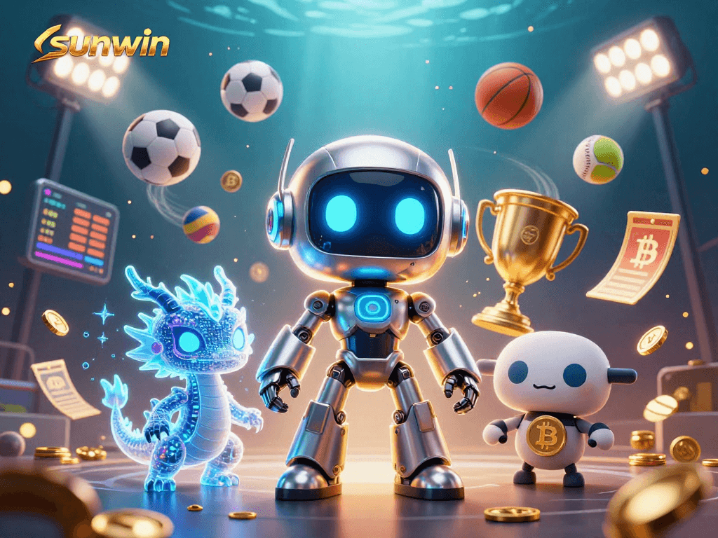 Engage with sunwin's vibrant gaming scene featuring a futuristic robot and sports elements.