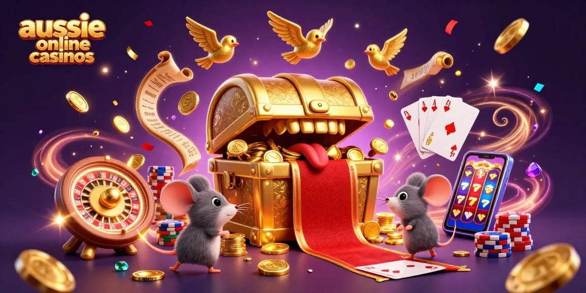Experience the thrill of aussie online casinos with this captivating 3D illustration showcasing treasure and gaming elements.