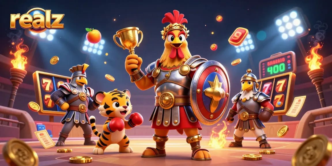 Realz casino experience with dynamic slot reels, golden trophies, and thrilling gameplay elements.