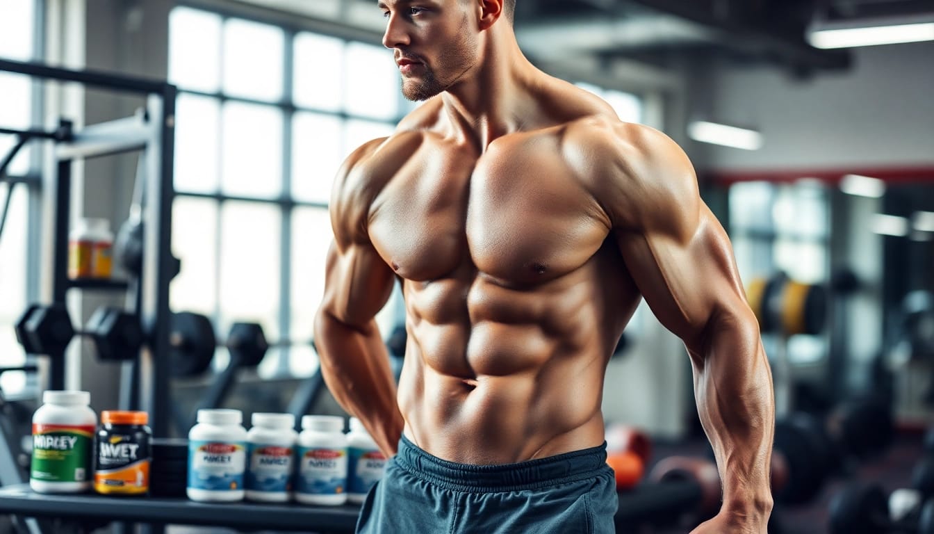 Bild eines Bodybuilders mit Unique Pharma Steroids Produkten im Fitnessstudio.