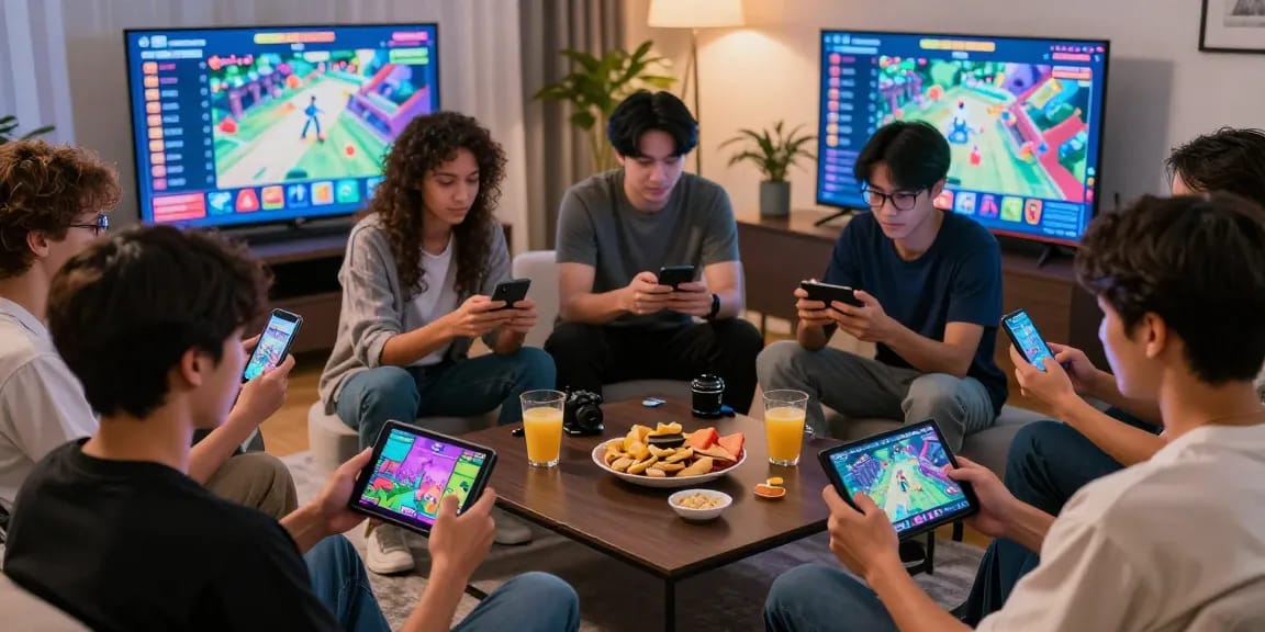 Players enjoying a fun game night at home with devices featuring https://gemwin.pics/ games, snacks, and an inviting atmosphere.