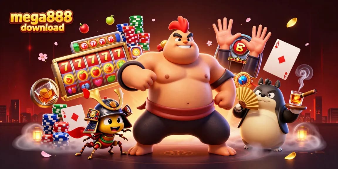 Experience mega888 download with vibrant slot themes and dynamic characters in 3D illustration.