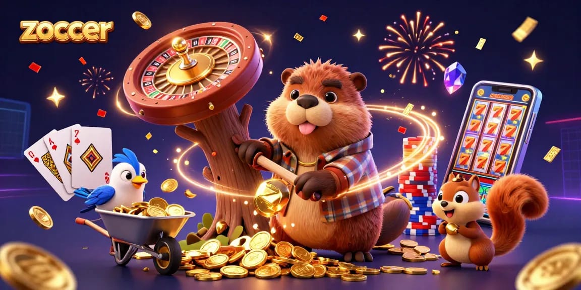 Zoccer features a cartoon lumberjack beaver celebrating a jackpot of golden coins with a bird and a squirrel in a vibrant casino scene.
