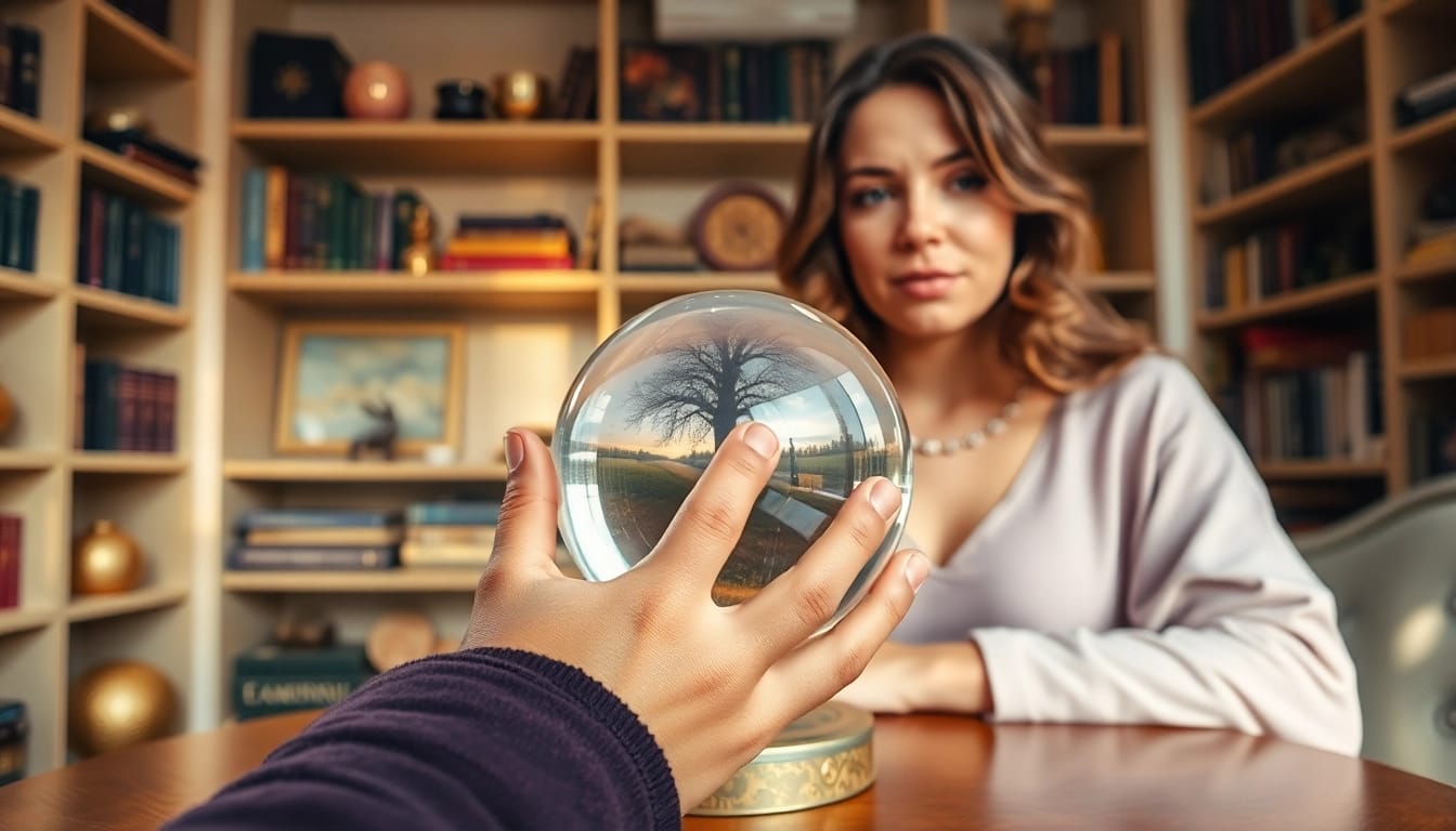 Hellseher online bietet eine entspannte Sitzung mit Kristallkugel in einem warmen Raum.