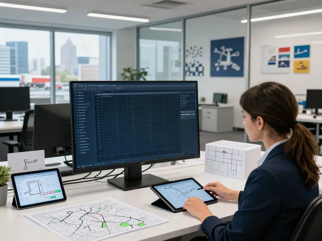 Effiziente Spedition in Düsseldorf mit fokussierter Logistikmanagerin, die Transportpläne überprüft.