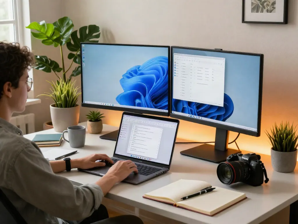 Windows 11 Home Benutzer in modernem Büro mit dualen Monitoren und stilvoller Einrichtung.