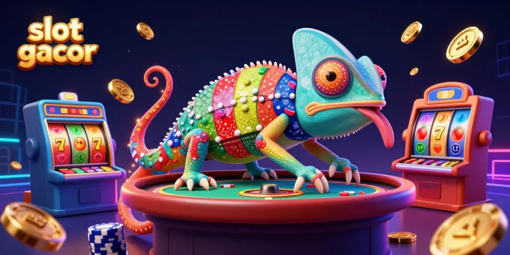 Experience slot gacor action with colorful slot reels and a chameleon casino owner amidst gold coins.