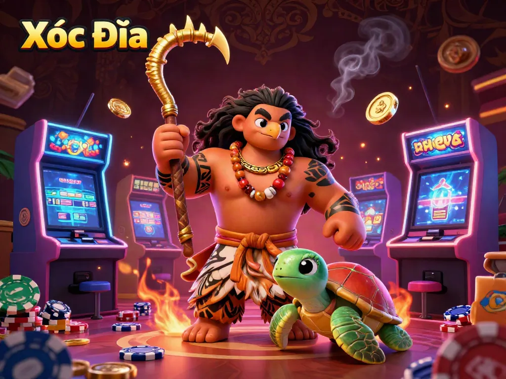 Experience the thrill of Xóc Đĩa with a vibrant casino scene featuring interactive games and energetic characters.