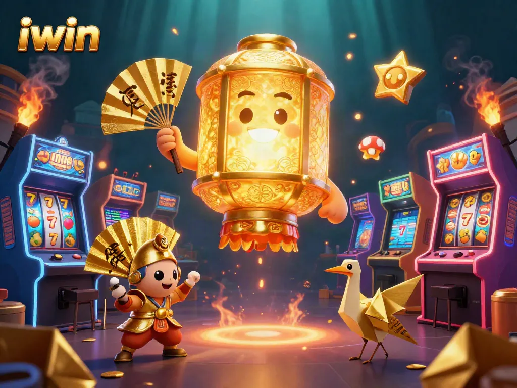 iwin's vibrant casino scene showcases a golden lantern spirit amidst arcade games.