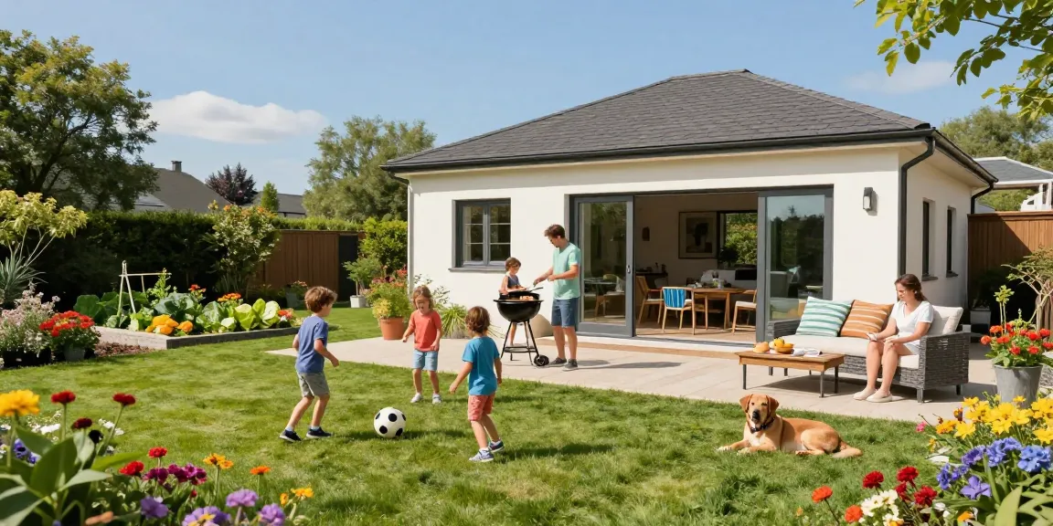 Garten Haus in einem einladenden Garten mit Familie beim Grillen und Kindern im Spiel