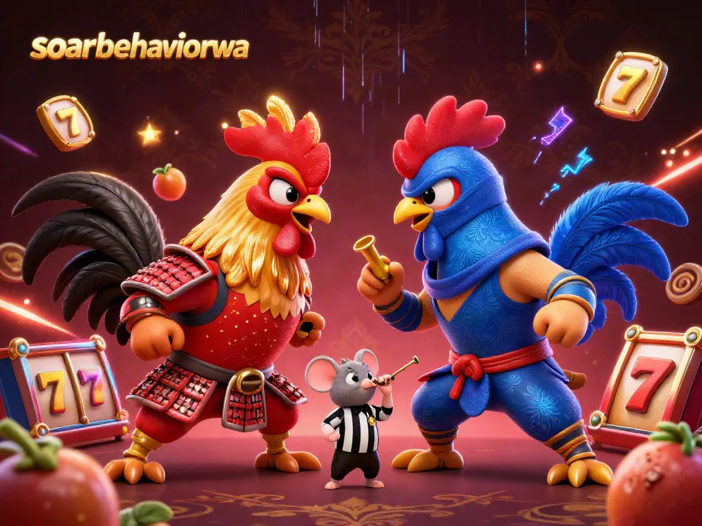 Engage in thrilling gameplay at soarbehaviorwa featuring a dynamic battle of cartoon roosters in a casino setting.