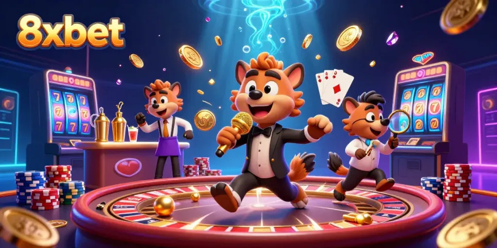 Experience the thrill of 8xbet with lively hyenas in a dynamic casino scene filled with golden coins and games.
