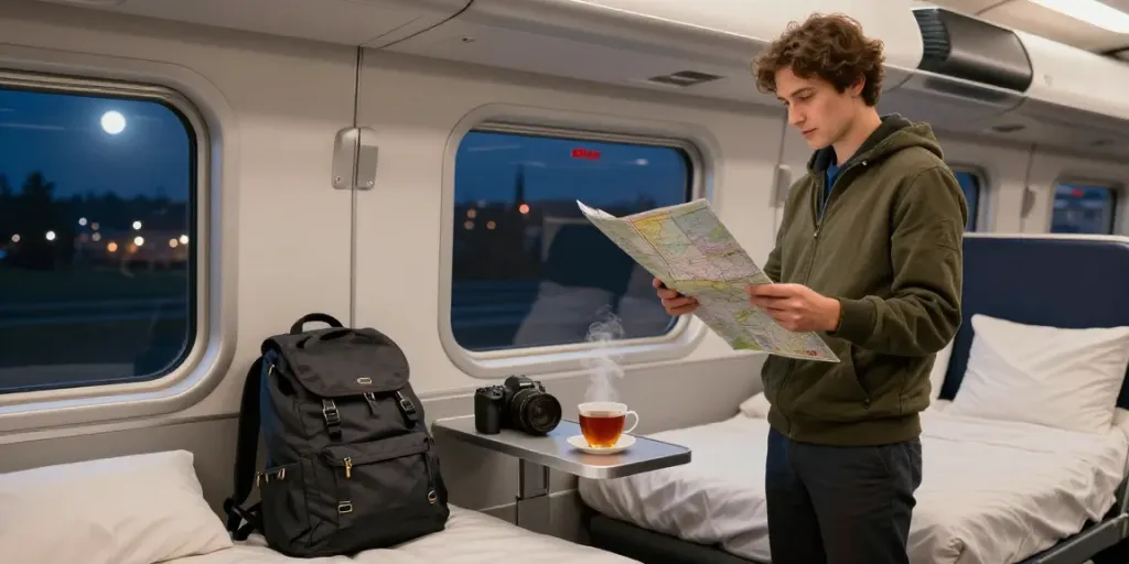 Nachtzug Tickets in einem bequemen ÖBB Nachtzugabteil mit Reisenden und nächtlicher Aussicht.