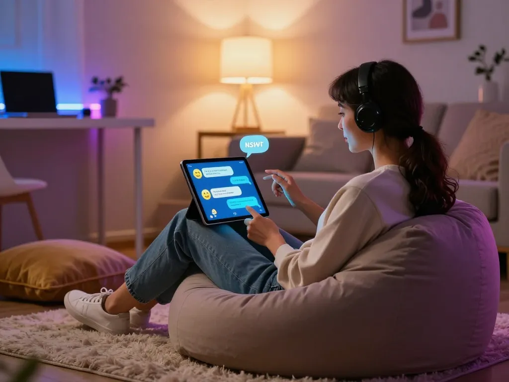 Comfortable home setting with user engaging in playful NSFW chat bot interactions on a tablet.