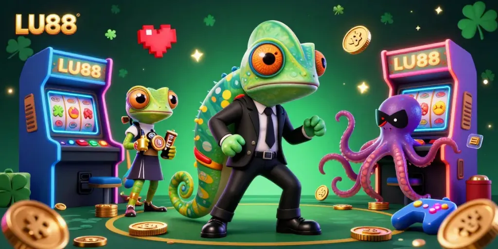Experience the vibrant LU88 casino with a colorful scene featuring gaming characters, slot machines, and dazzling gold coins.