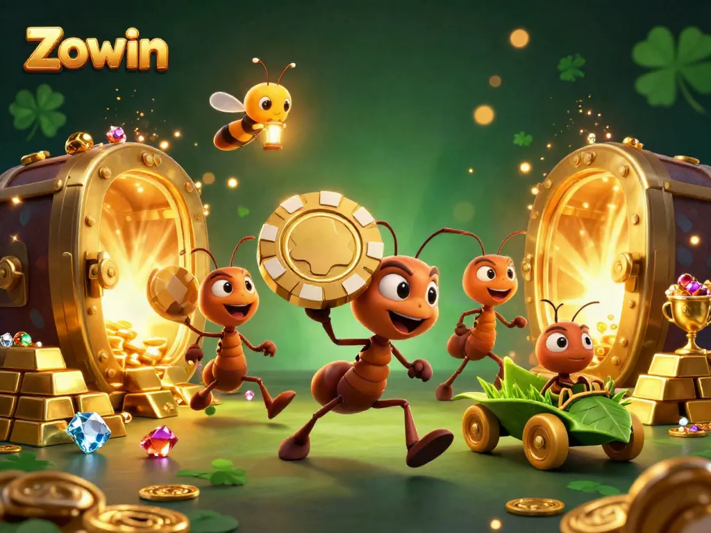 Zowin showcases a thrilling heist scene with cartoon ants carrying a giant poker chip in a casino tunnel.