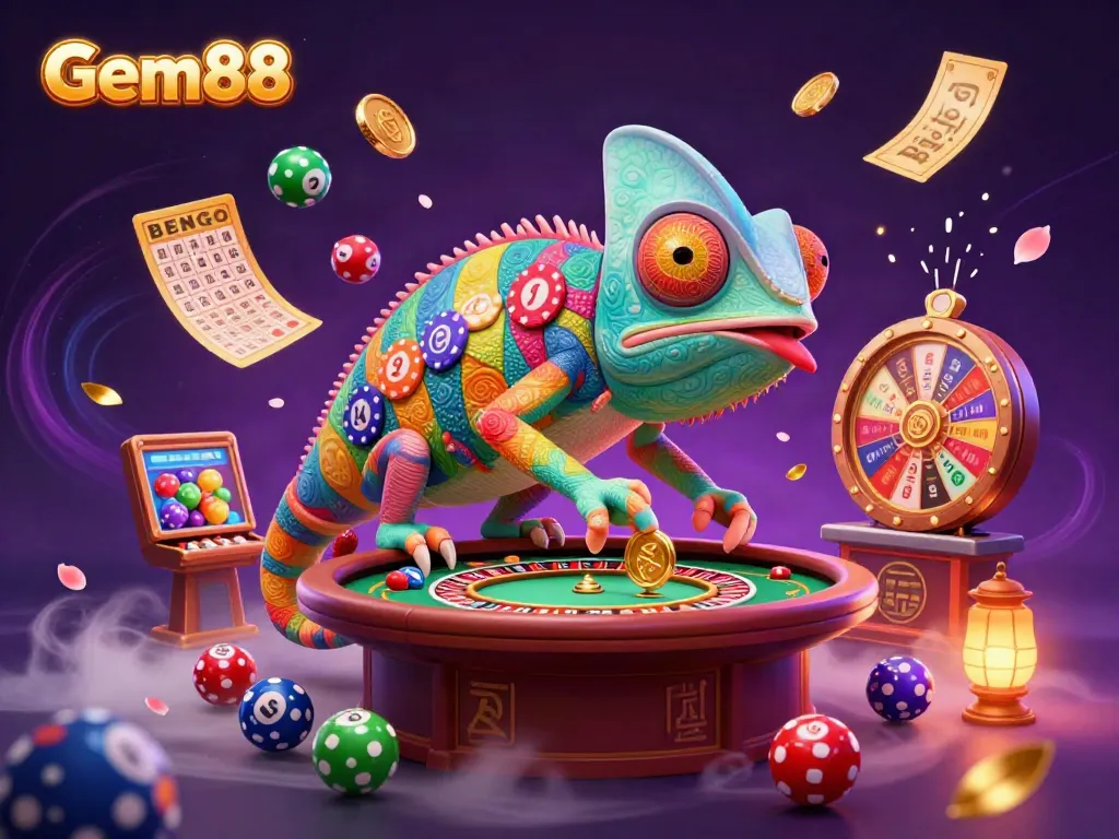 Experience gaming excitement with Gem88’s casino owner and vibrant game elements in a dynamic scene.