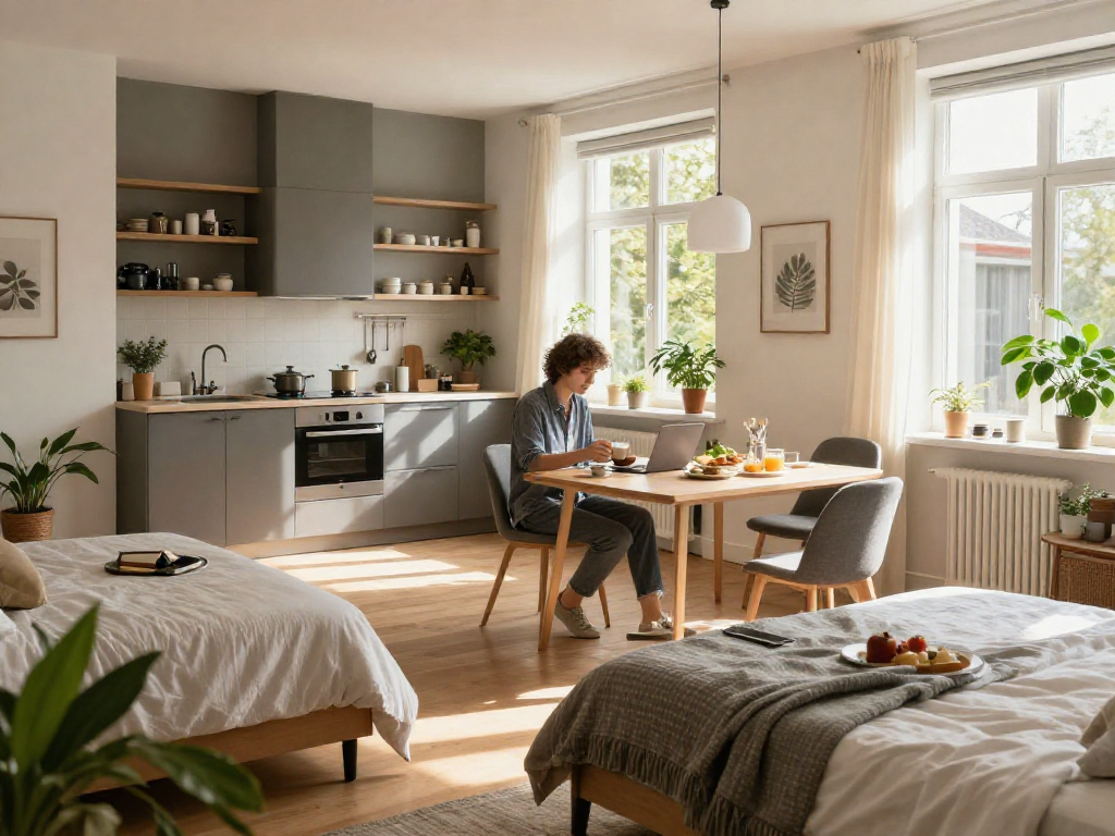 Komfortables Monteurzimmer in Hannover mit gemütlichem Ambiente und voll ausgestatteter Küche.