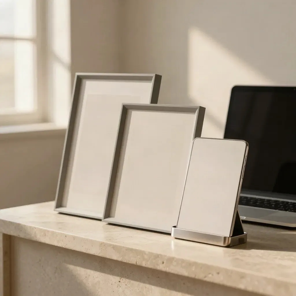 Ordentliche Profilseiten-Setzung mit Rahmen, Karten, Laptop und Phone-Dock auf heller Steinkonsole.
