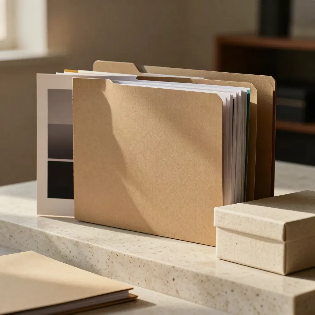 Drei Projektmappen, Kontaktabzug und Archivbox auf Travertin im warmen Seitenlicht.