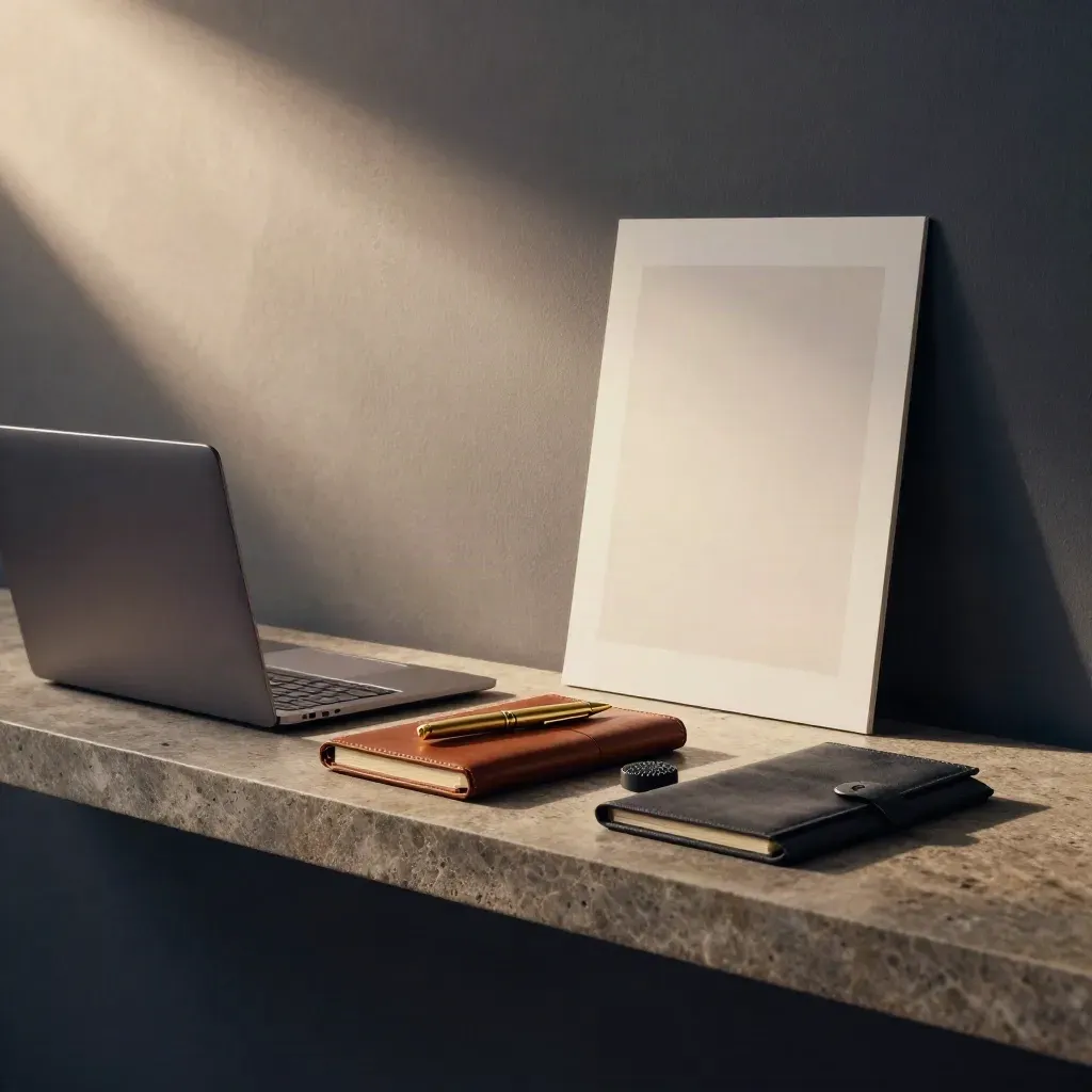 Berliner Consulting-Setup mit Laptop, Lederheft, Messingstift und Wandprint im Morgenlicht.