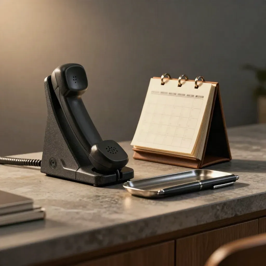 Telefon-Dock, Kalenderblock, Ablageschale und geschlossener Stift auf Stein-Konsole