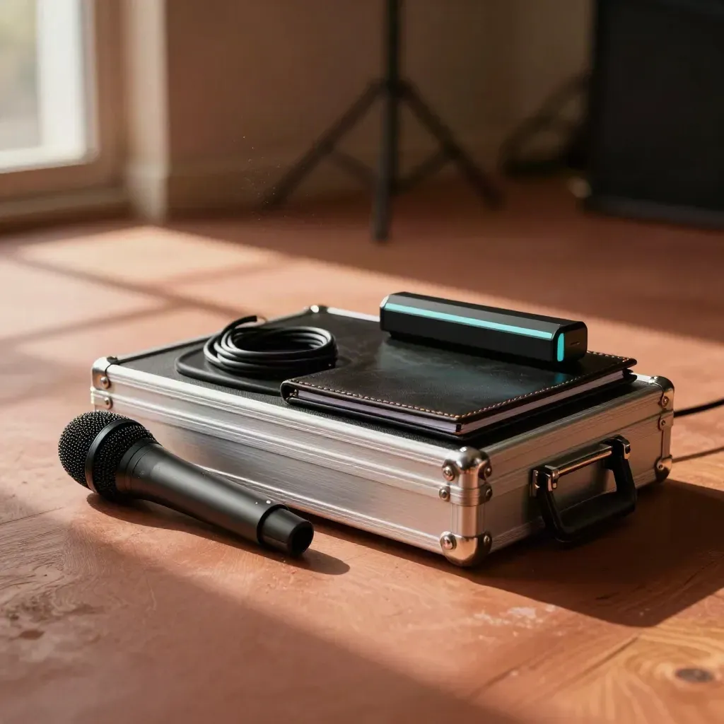 Bühnen-Ecke mit Mikrofoncase, Binder und Lichtmodul im warmen Seitenlicht.