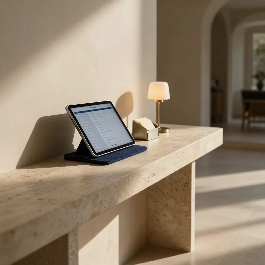 Stein-Konsole im Foyer mit Tablet-Stand, Kartenhalter und schlanker Leuchte.