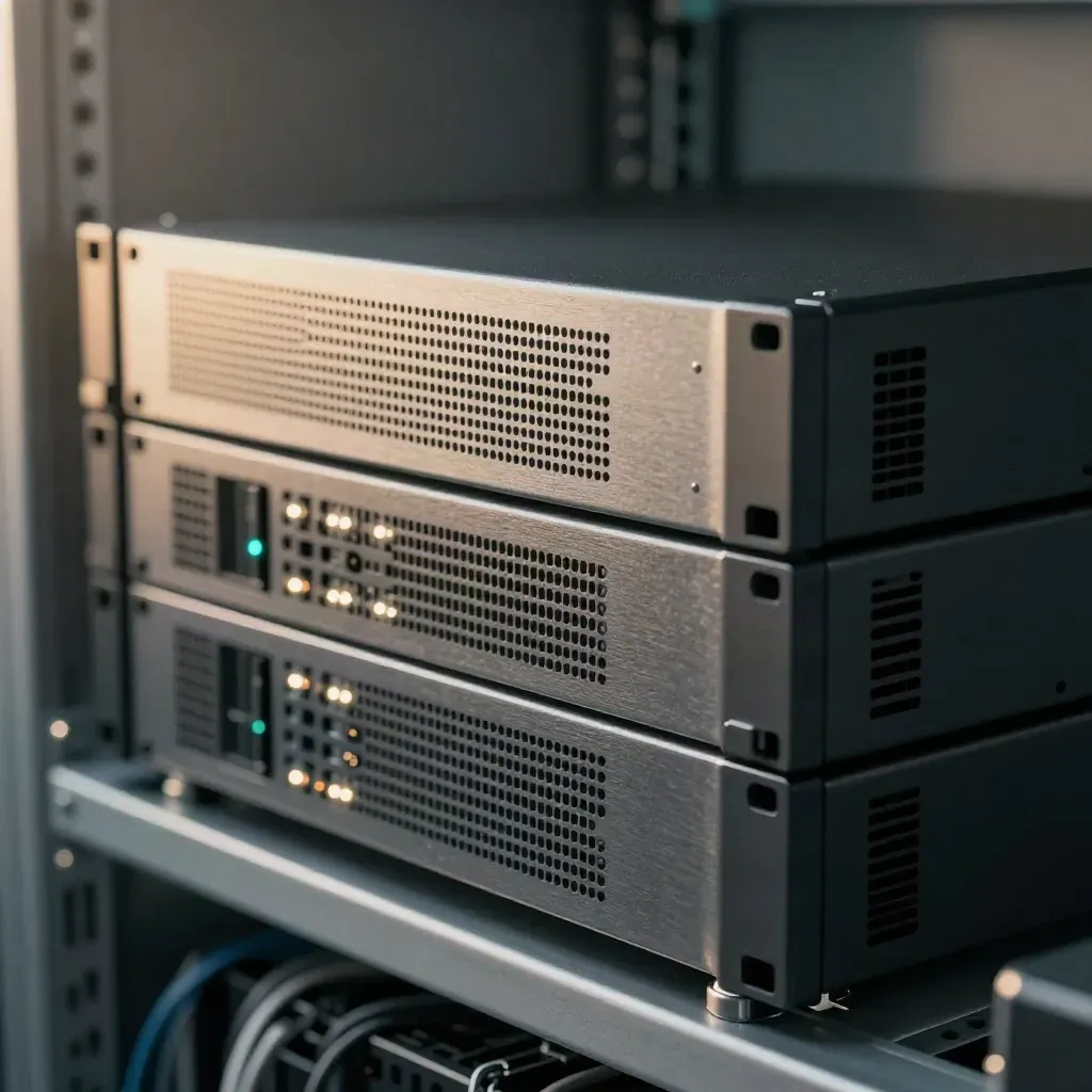 Makro von Serverrack, sauber verlegten Kabeln und zwei Hardware-Stacks im kühlen Rechenzentrum.