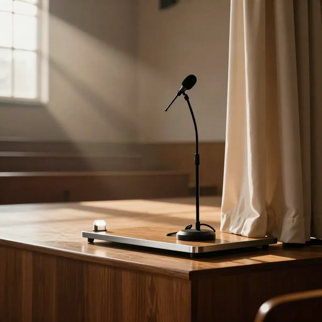 Leere Bühnenecke mit Pult, Mikrofonständer und leuchtendem Cue-Light im warmen Saal