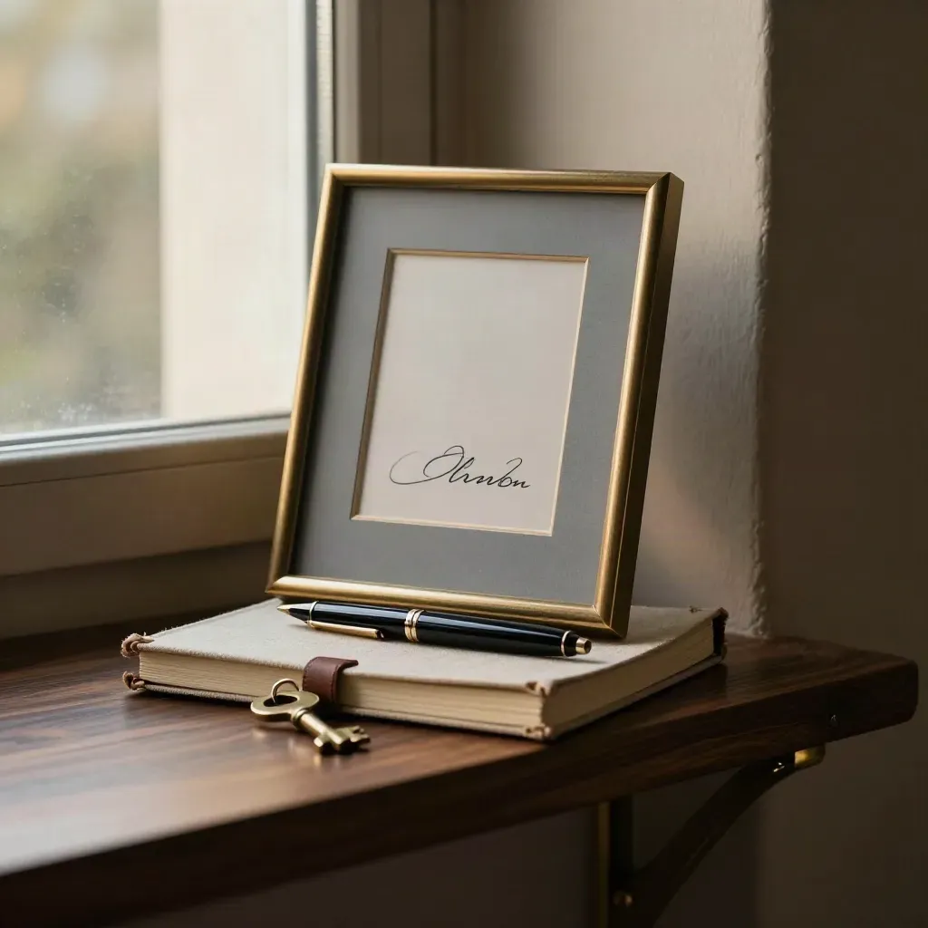 Regalstillleben mit gerahmtem Portrait, geschlossenem Notizbuch, Signaturstift und kleinem Erinnerungsstück.