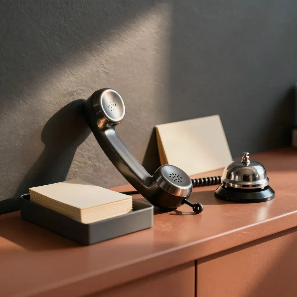 Telefonhörer, Inbox-Schale und Messglocke auf terrakottafarbener Service-Theke im warmen Licht